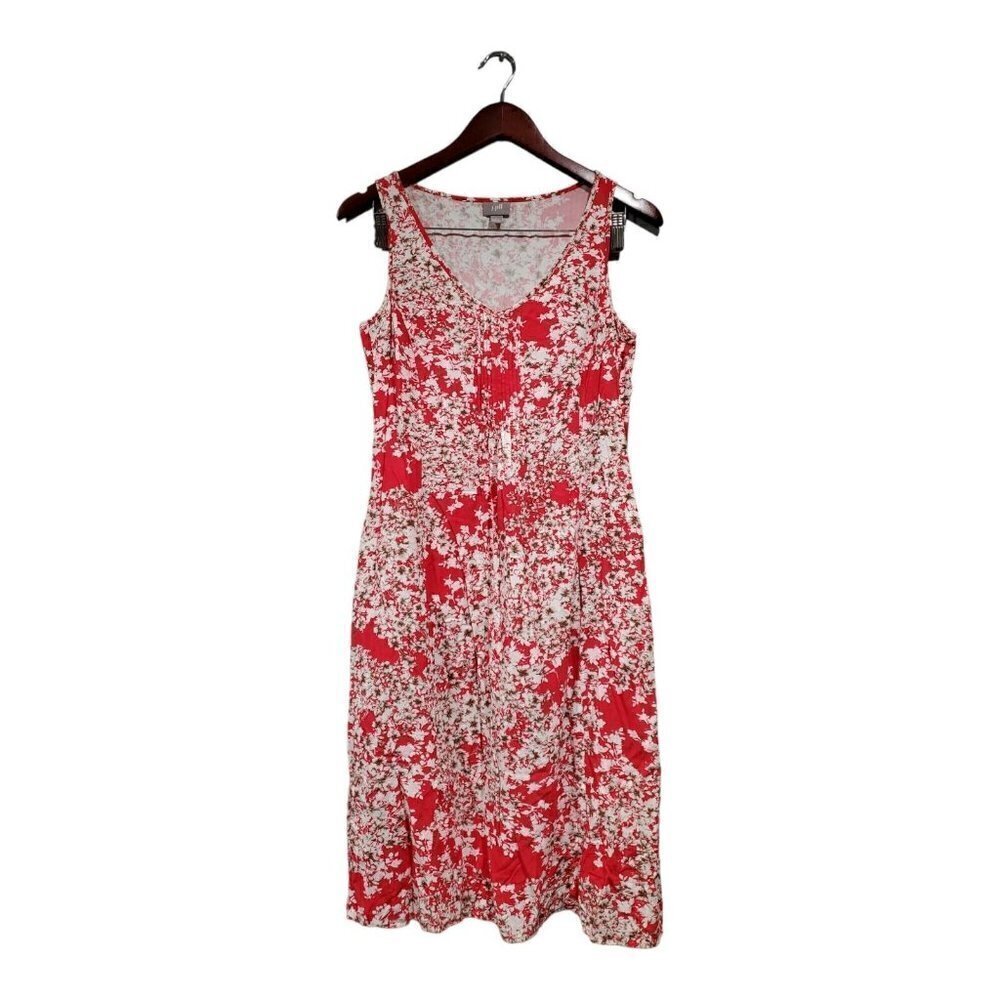 J. Jill Women's Red Floral Sleeveless Midi Dress Pleated Pockets 100% Rayon Sz 6